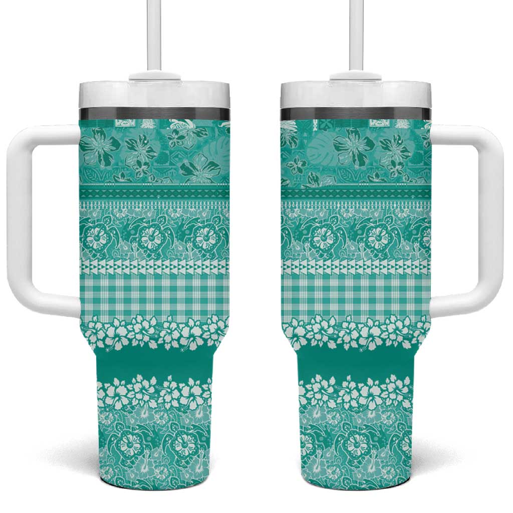 Hawaiian Hibiscus Honu Tumbler With Handle Turquoise Mele Kalikimaka Palaka Spirit - Polynesian Pride