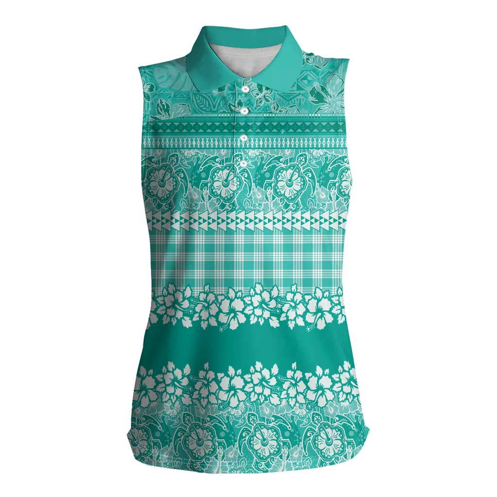 Hawaiian Hibiscus Honu Women Sleeveless Polo Shirt Turquoise Mele Kalikimaka Palaka Spirit - Polynesian Pride