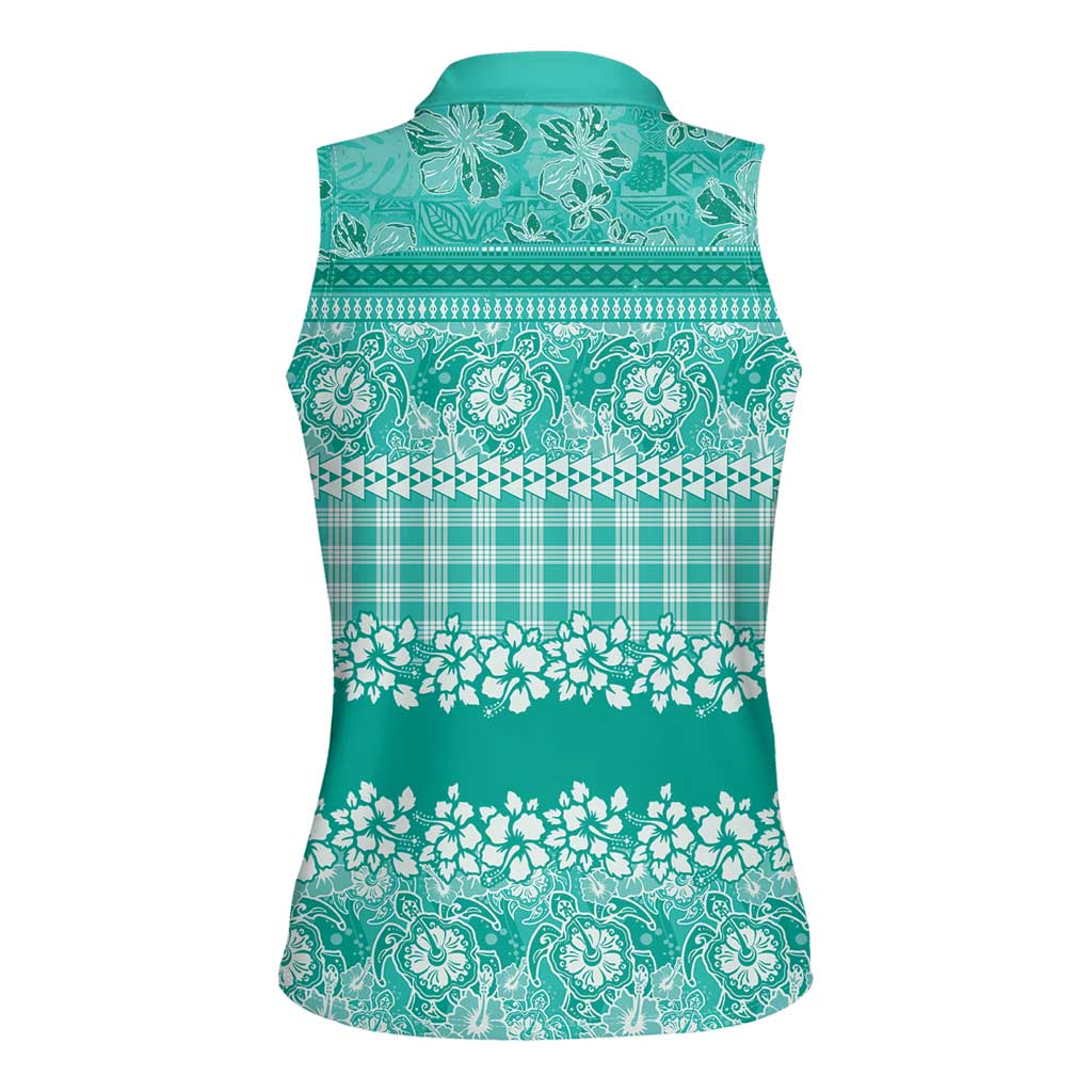 Hawaiian Hibiscus Honu Women Sleeveless Polo Shirt Turquoise Mele Kalikimaka Palaka Spirit - Polynesian Pride