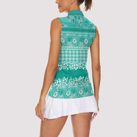 Hawaiian Hibiscus Honu Women Sleeveless Polo Shirt Turquoise Mele Kalikimaka Palaka Spirit - Polynesian Pride