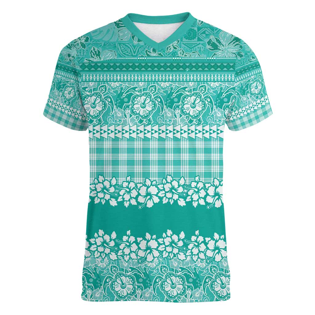 Hawaiian Hibiscus Honu Women V-Neck T-Shirt Turquoise Mele Kalikimaka Palaka Spirit - Polynesian Pride