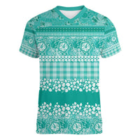 Hawaiian Hibiscus Honu Women V-Neck T-Shirt Turquoise Mele Kalikimaka Palaka Spirit - Polynesian Pride