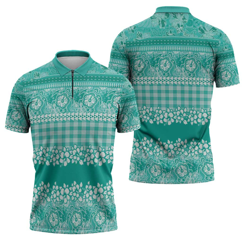 Hawaiian Hibiscus Honu Zipper Polo Shirt Turquoise Mele Kalikimaka Palaka Spirit - Polynesian Pride
