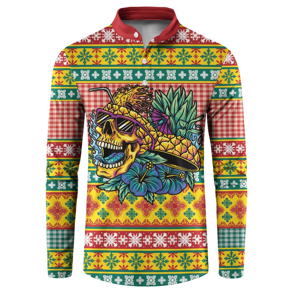 Hawaiian Pineapples Skull Button Sweatshirt Mele Kalikimaka Palaka Quilt Pattern - Polynesian Pride