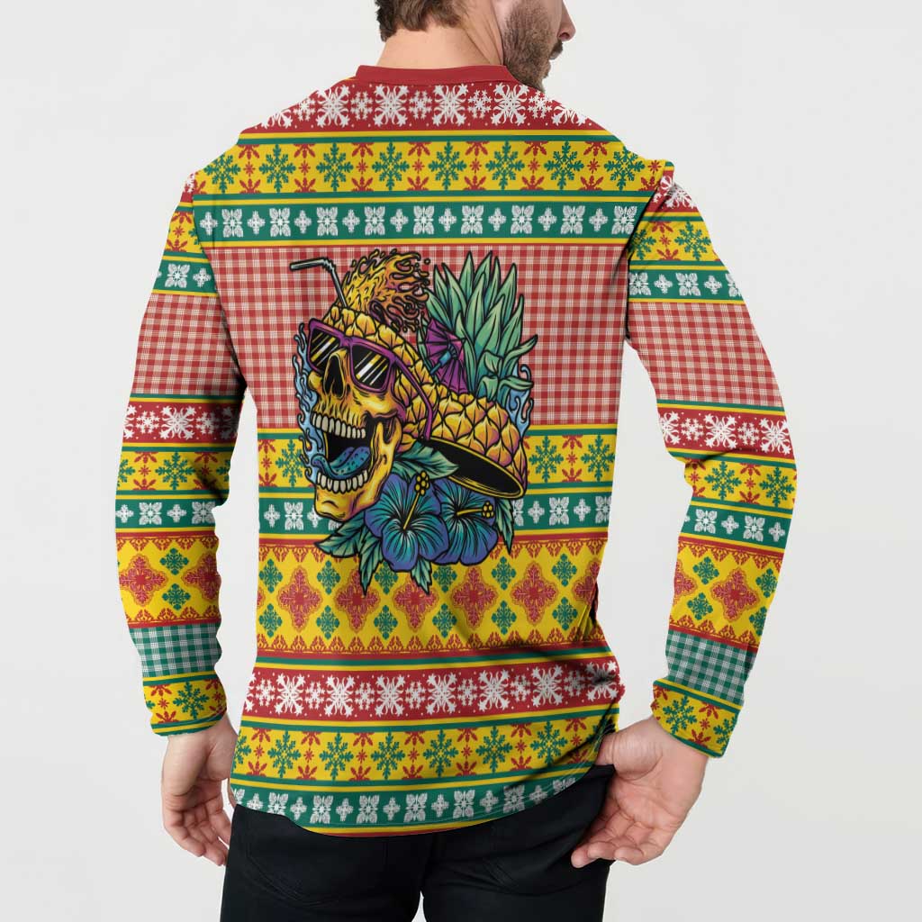Hawaiian Pineapples Skull Button Sweatshirt Mele Kalikimaka Palaka Quilt Pattern - Polynesian Pride
