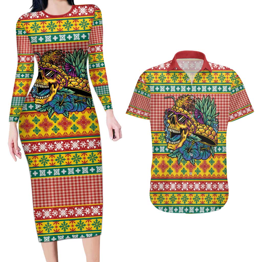 Hawaiian Pineapples Skull Couples Matching Long Sleeve Bodycon Dress and Hawaiian Shirt Mele Kalikimaka Palaka Quilt Pattern - Polynesian Pride