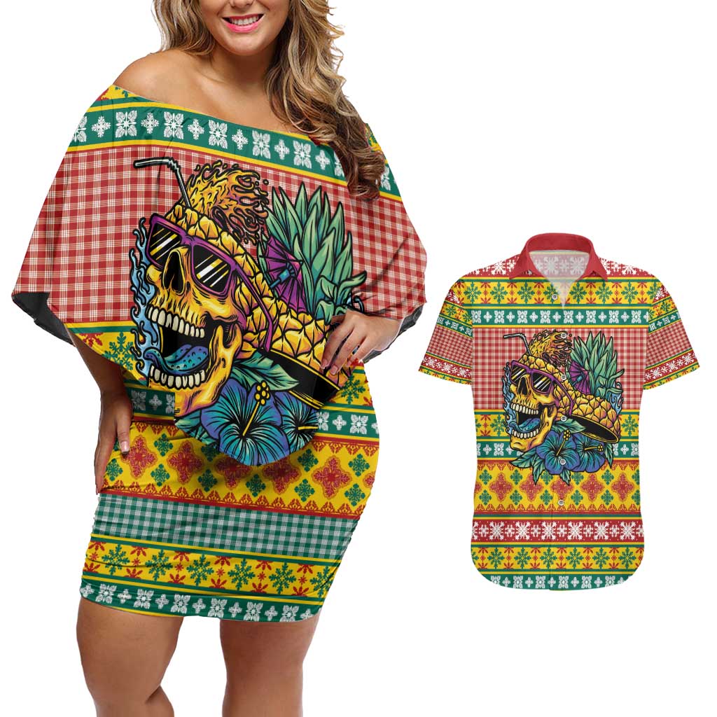 Hawaiian Pineapples Skull Couples Matching Off Shoulder Short Dress and Hawaiian Shirt Mele Kalikimaka Palaka Quilt Pattern - Polynesian Pride