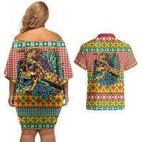Hawaiian Pineapples Skull Couples Matching Off Shoulder Short Dress and Hawaiian Shirt Mele Kalikimaka Palaka Quilt Pattern - Polynesian Pride