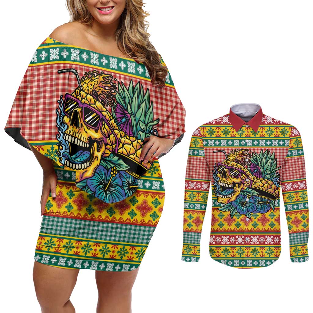 Hawaiian Pineapples Skull Couples Matching Off Shoulder Short Dress and Long Sleeve Button Shirt Mele Kalikimaka Palaka Quilt Pattern - Polynesian Pride