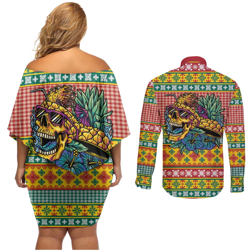 Hawaiian Pineapples Skull Couples Matching Off Shoulder Short Dress and Long Sleeve Button Shirt Mele Kalikimaka Palaka Quilt Pattern - Polynesian Pride
