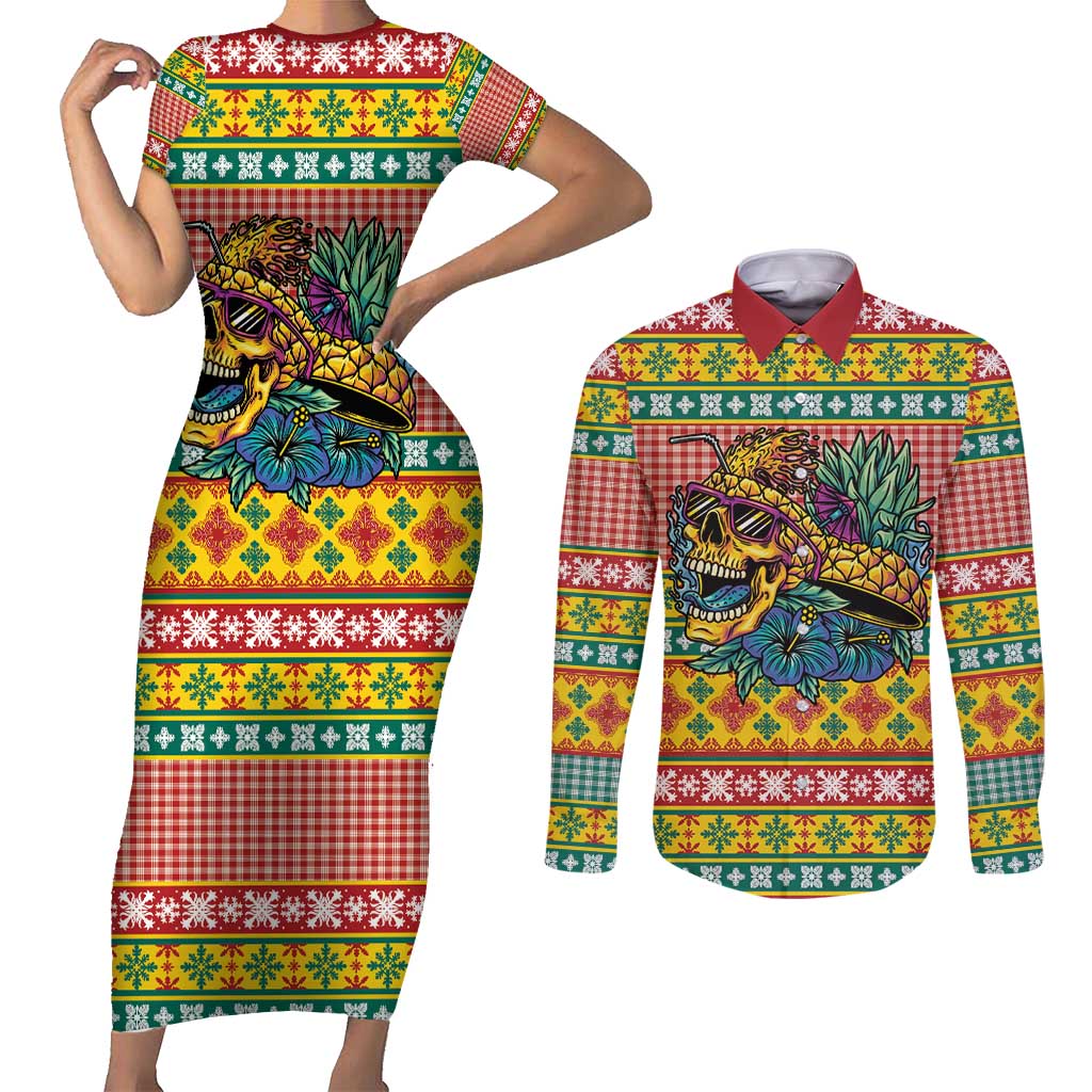 Hawaiian Pineapples Skull Couples Matching Short Sleeve Bodycon Dress and Long Sleeve Button Shirt Mele Kalikimaka Palaka Quilt Pattern - Polynesian Pride