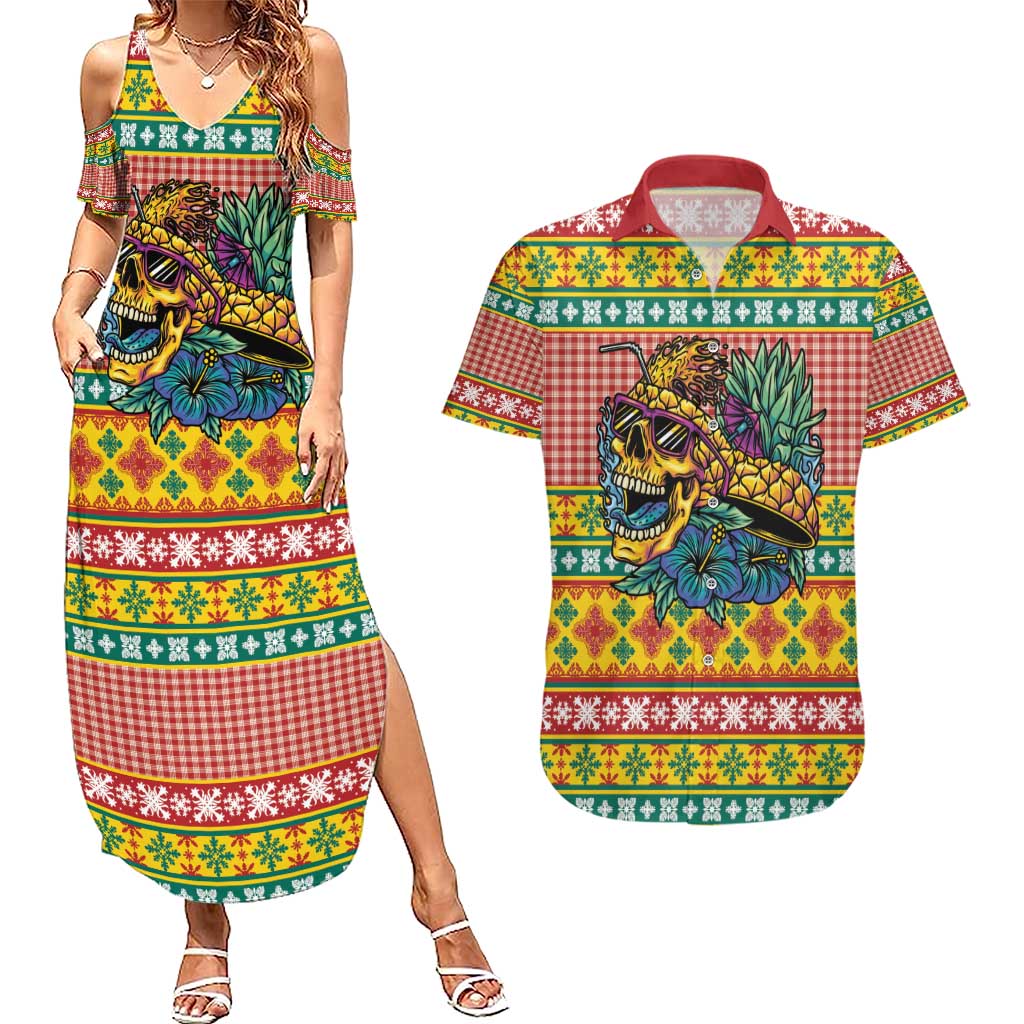 Hawaiian Pineapples Skull Couples Matching Summer Maxi Dress and Hawaiian Shirt Mele Kalikimaka Palaka Quilt Pattern - Polynesian Pride