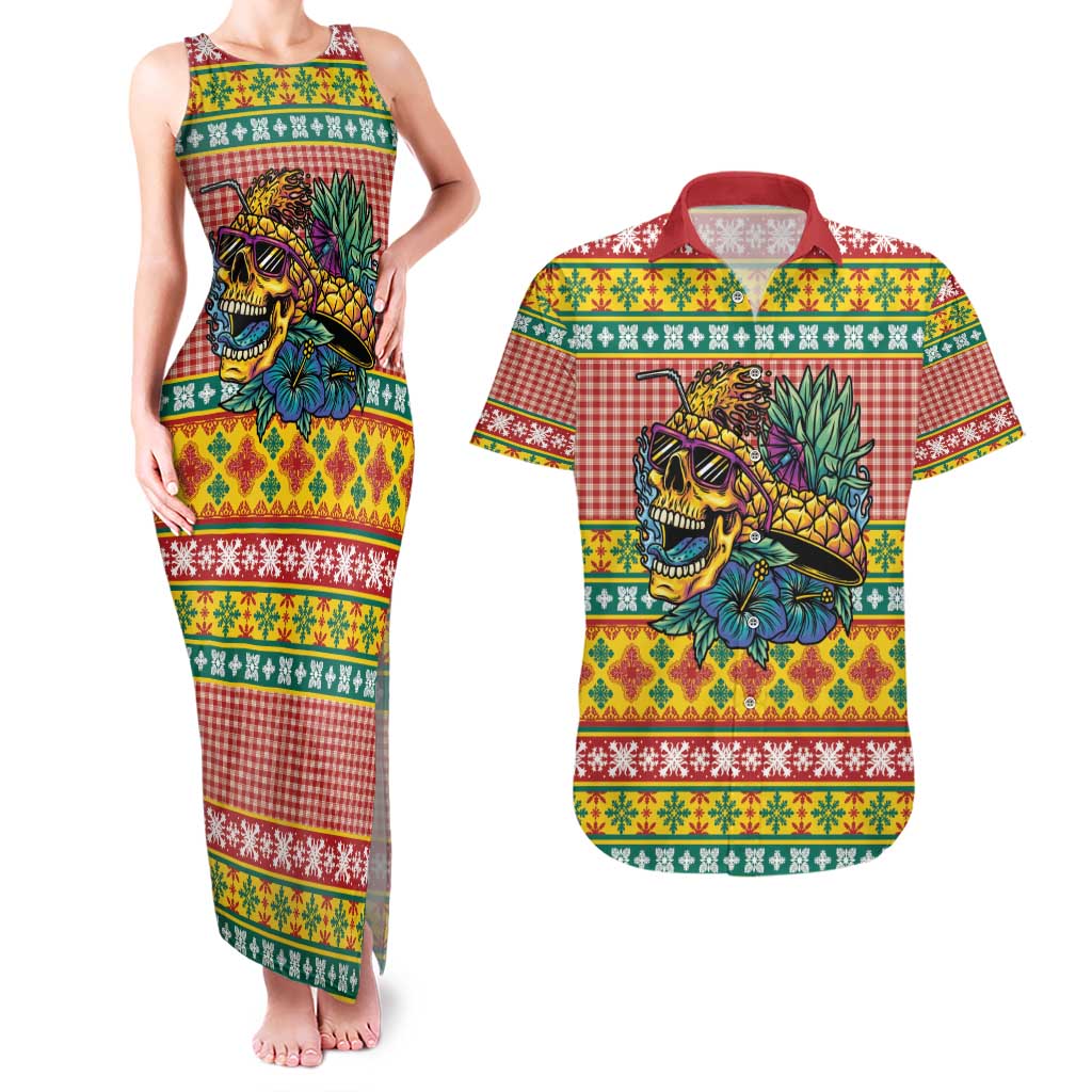Hawaiian Pineapples Skull Couples Matching Tank Maxi Dress and Hawaiian Shirt Mele Kalikimaka Palaka Quilt Pattern - Polynesian Pride