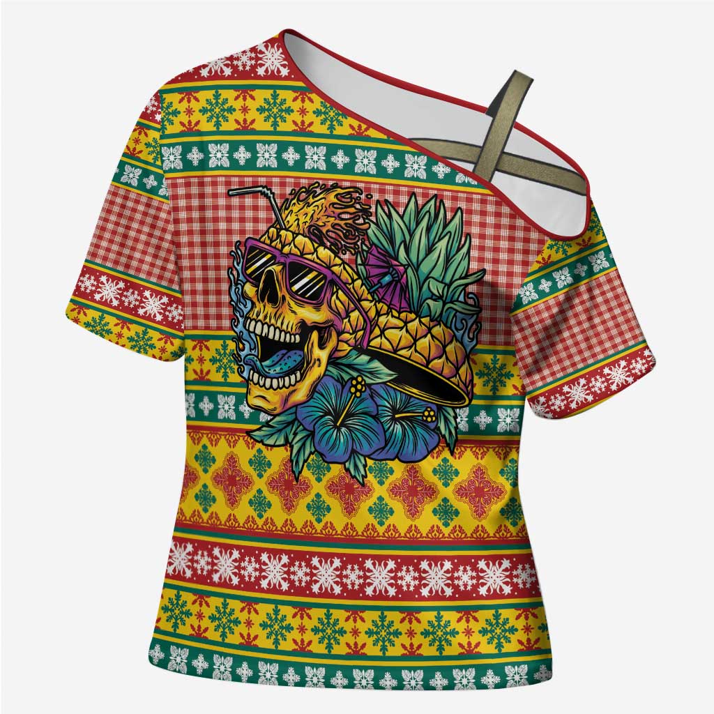 Hawaiian Pineapples Skull Cross Shoulder Shirt Mele Kalikimaka Palaka Quilt Pattern - Polynesian Pride