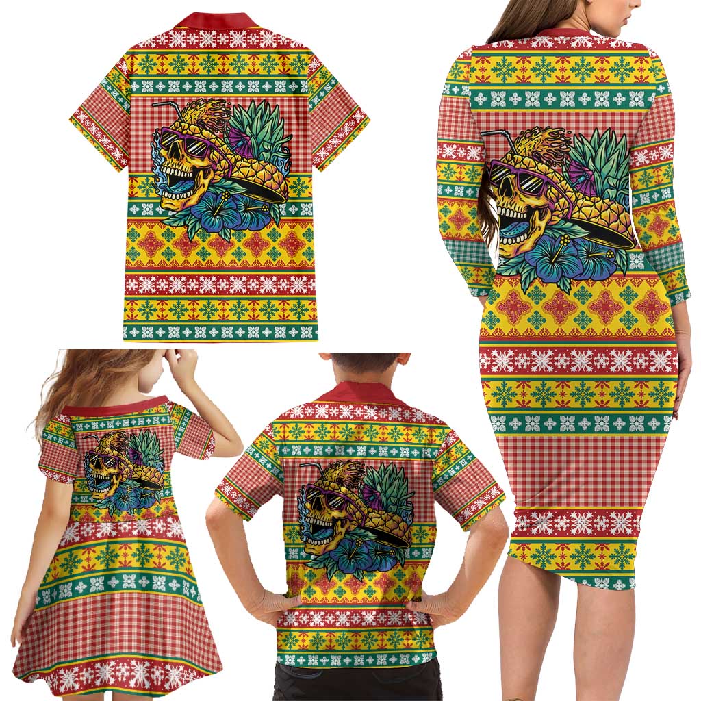 Hawaiian Pineapples Skull Family Matching Long Sleeve Bodycon Dress and Hawaiian Shirt Mele Kalikimaka Palaka Quilt Pattern - Polynesian Pride
