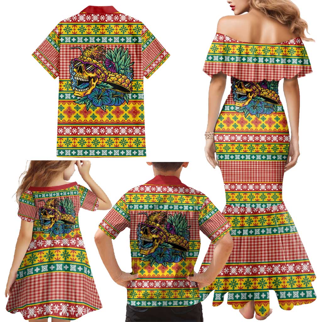 Hawaiian Pineapples Skull Family Matching Mermaid Dress and Hawaiian Shirt Mele Kalikimaka Palaka Quilt Pattern - Polynesian Pride