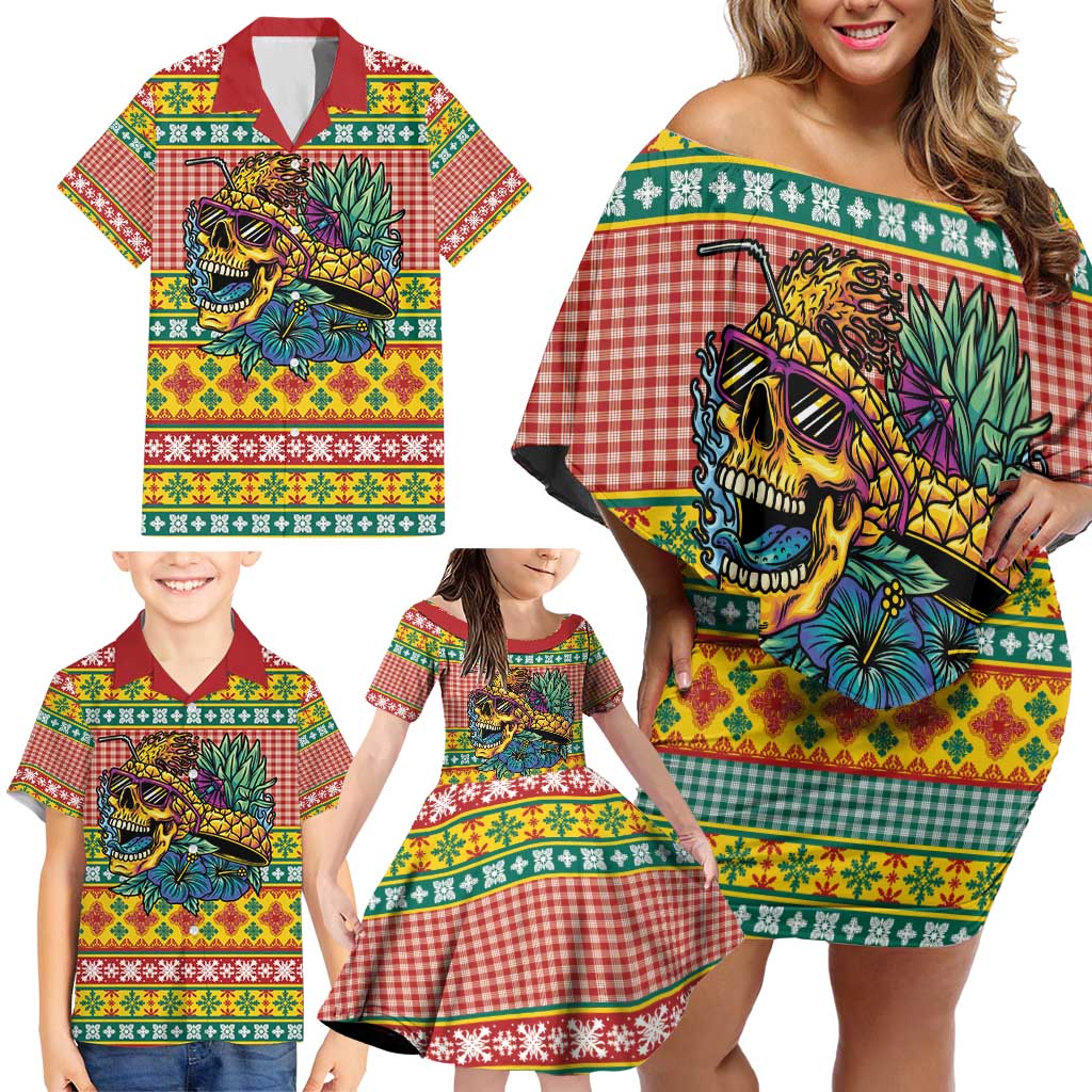 Hawaiian Pineapples Skull Family Matching Off Shoulder Short Dress and Hawaiian Shirt Mele Kalikimaka Palaka Quilt Pattern - Polynesian Pride