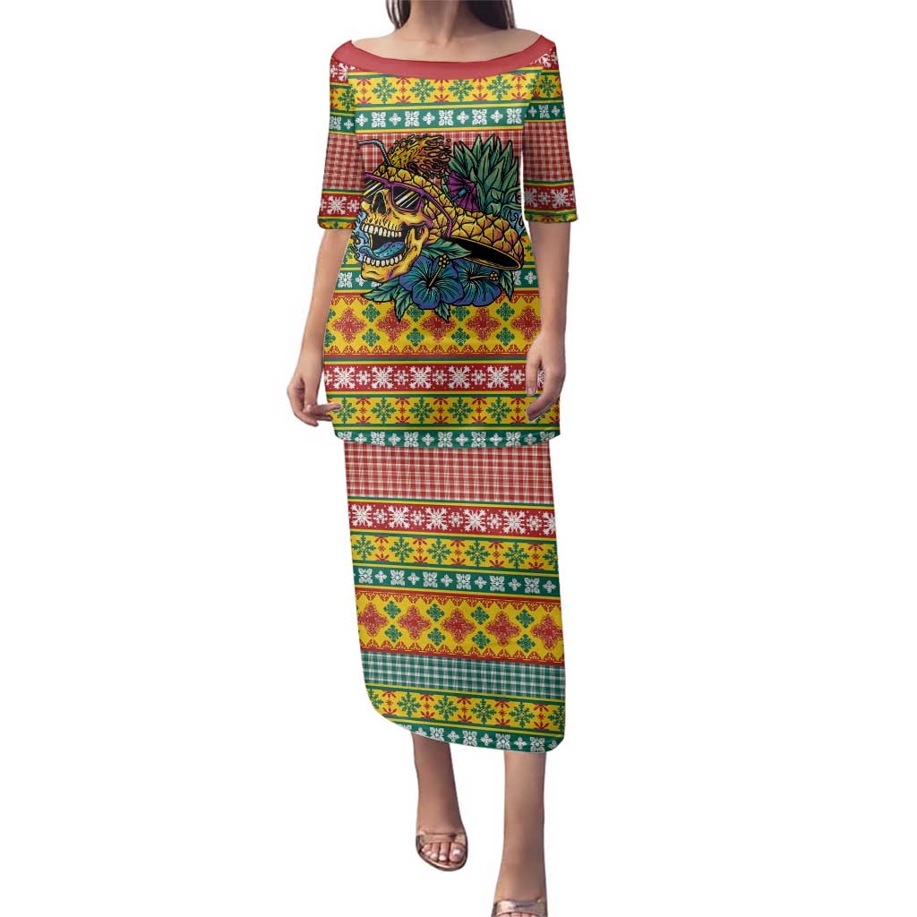 Hawaiian Pineapples Skull Family Matching Puletasi and Hawaiian Shirt Mele Kalikimaka Palaka Quilt Pattern - Polynesian Pride