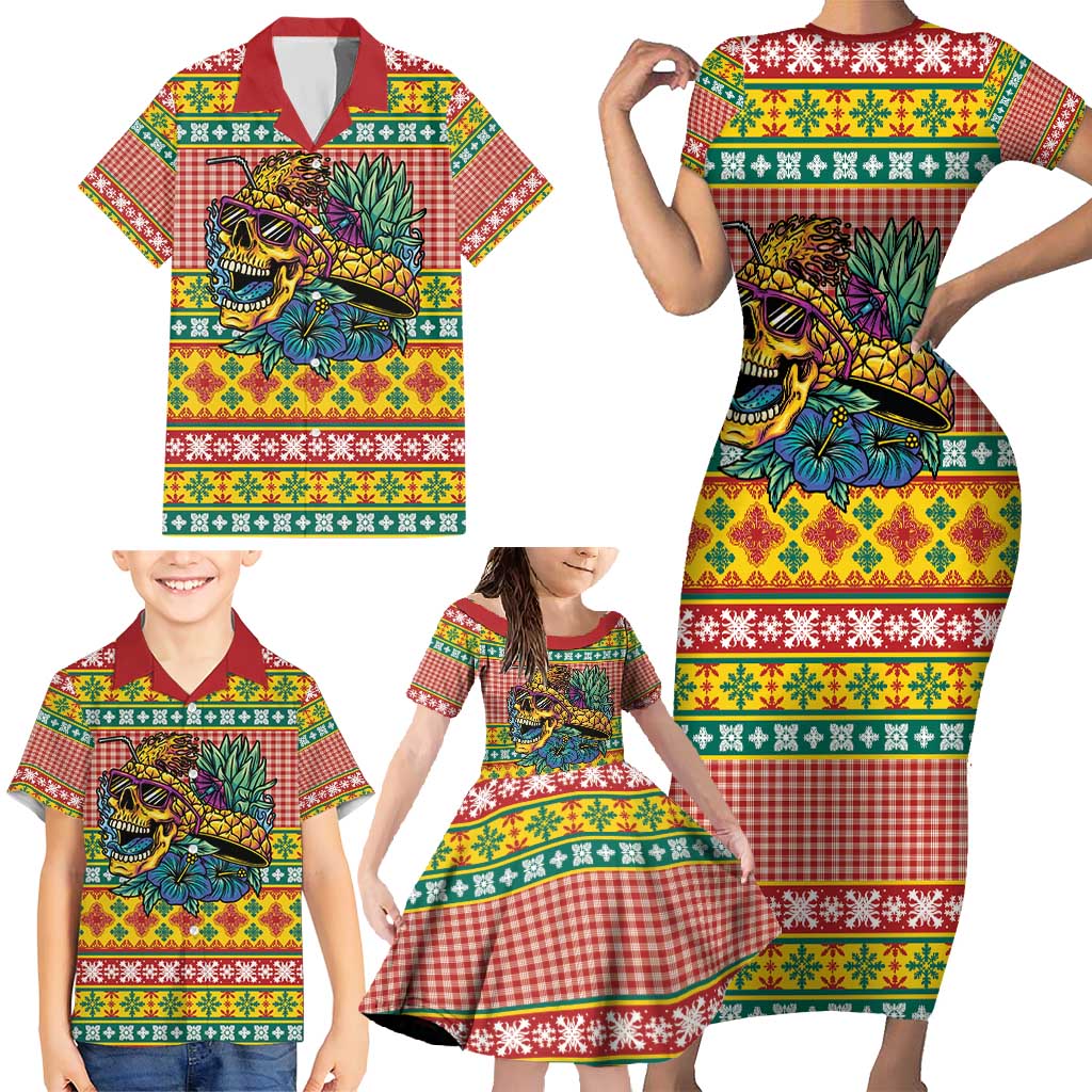 Hawaiian Pineapples Skull Family Matching Short Sleeve Bodycon Dress and Hawaiian Shirt Mele Kalikimaka Palaka Quilt Pattern - Polynesian Pride