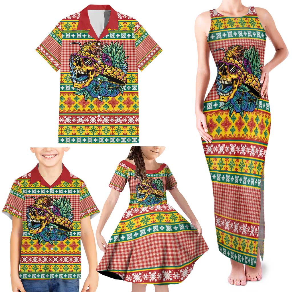 Hawaiian Pineapples Skull Family Matching Tank Maxi Dress and Hawaiian Shirt Mele Kalikimaka Palaka Quilt Pattern - Polynesian Pride