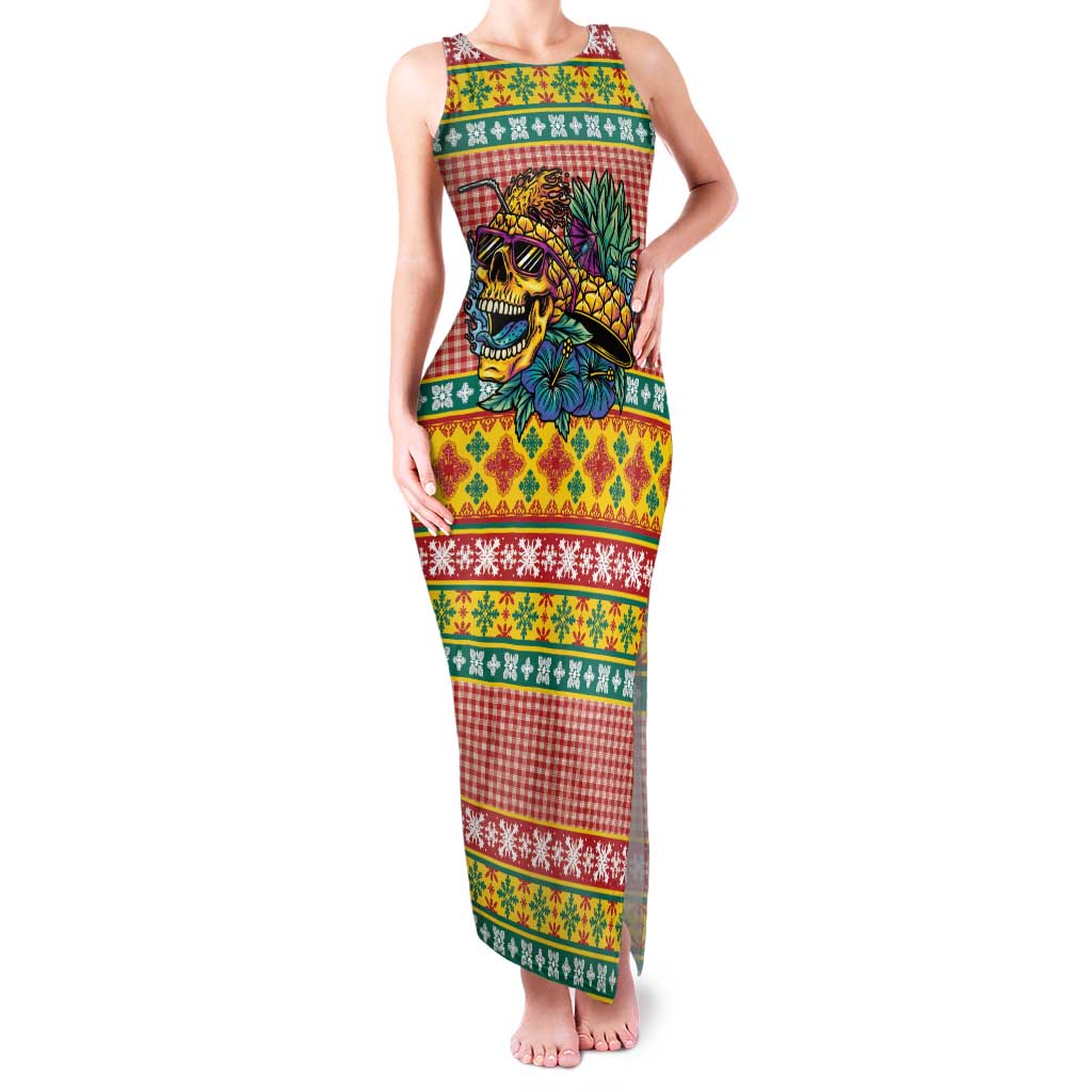 Hawaiian Pineapples Skull Family Matching Tank Maxi Dress and Hawaiian Shirt Mele Kalikimaka Palaka Quilt Pattern - Polynesian Pride