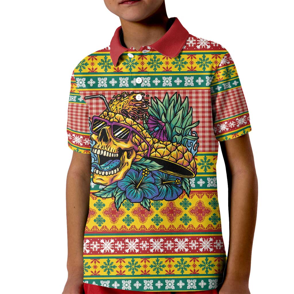 Hawaiian Pineapples Skull Kid Polo Shirt Mele Kalikimaka Palaka Quilt Pattern - Polynesian Pride