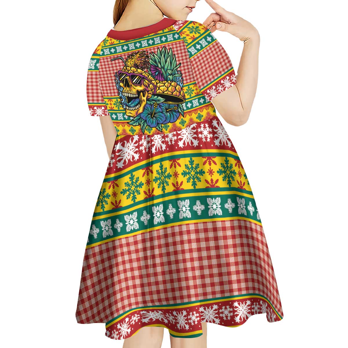 Hawaiian Pineapples Skull Kid Short Sleeve Dress Mele Kalikimaka Palaka Quilt Pattern - Polynesian Pride