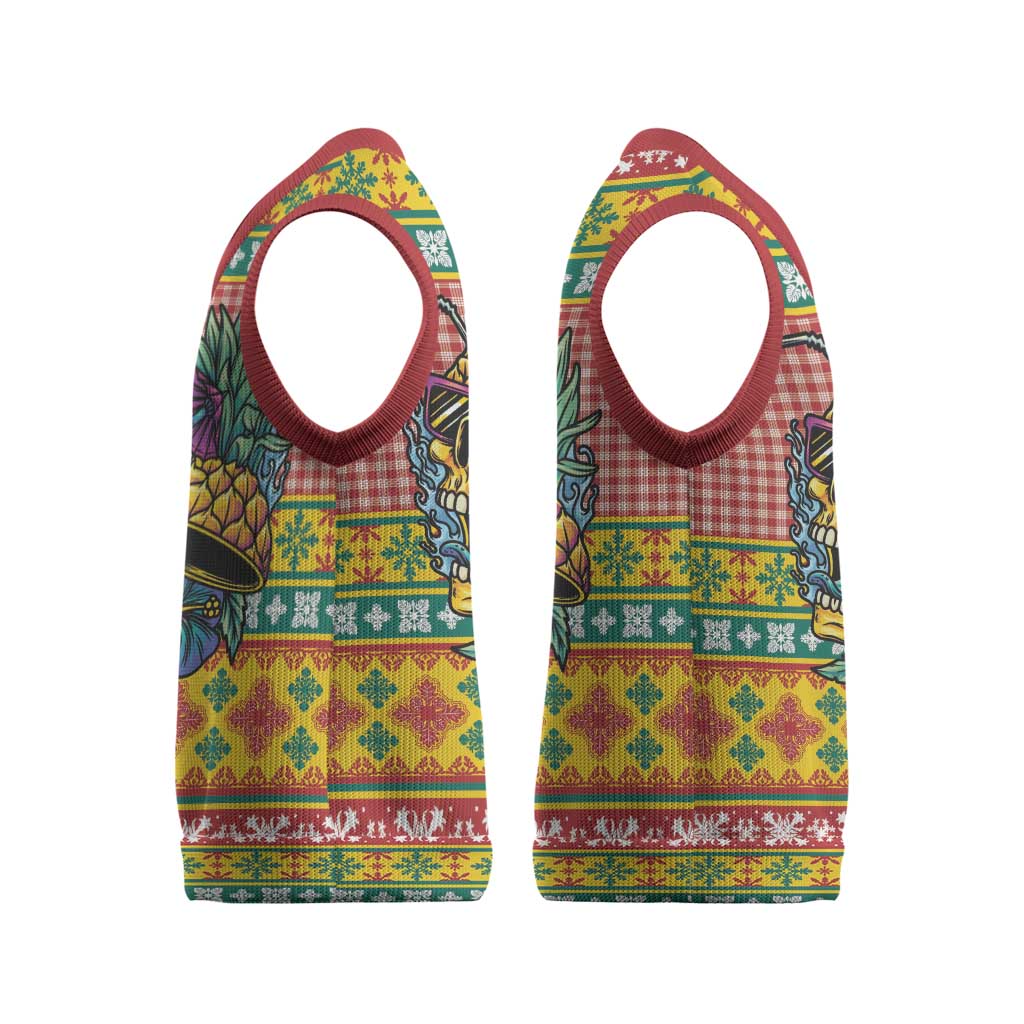 Hawaiian Pineapples Skull Christmas Knitted V-Neck Vest Mele Kalikimaka Palaka Quilt Pattern - Polynesian Pride