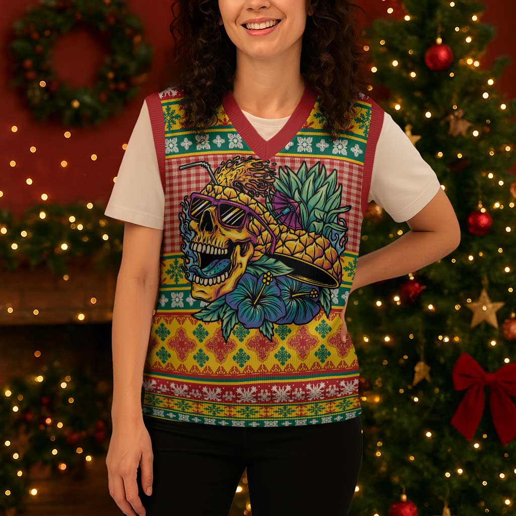 Hawaiian Pineapples Skull Christmas Knitted V-Neck Vest Mele Kalikimaka Palaka Quilt Pattern - Polynesian Pride