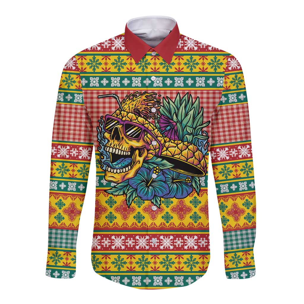 Hawaiian Pineapples Skull Long Sleeve Button Shirt Mele Kalikimaka Palaka Quilt Pattern - Polynesian Pride