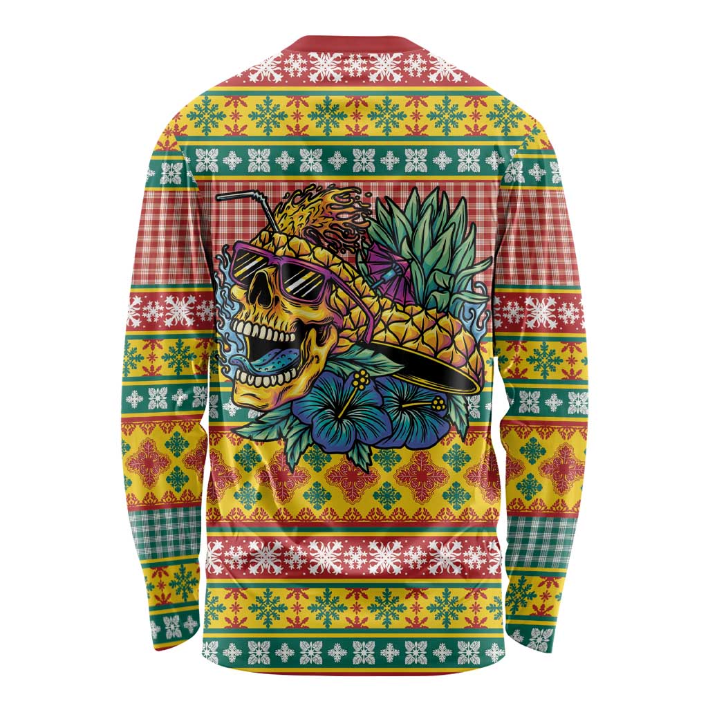 Hawaiian Pineapples Skull Long Sleeve Shirt Mele Kalikimaka Palaka Quilt Pattern - Polynesian Pride