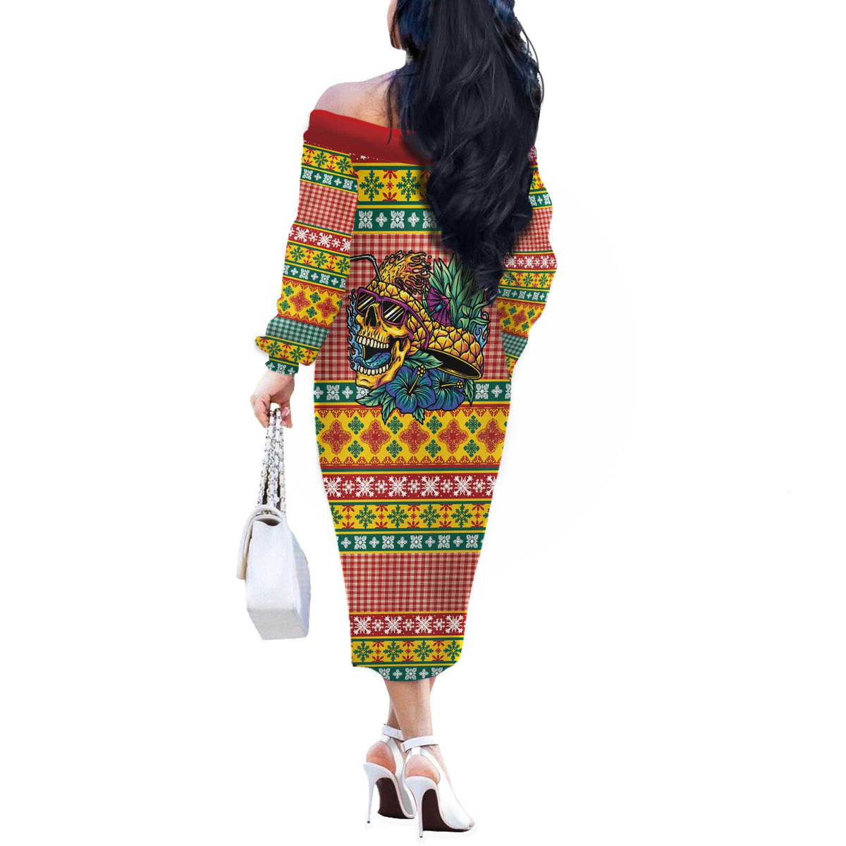 Hawaiian Pineapples Skull Off The Shoulder Long Sleeve Dress Mele Kalikimaka Palaka Quilt Pattern - Polynesian Pride