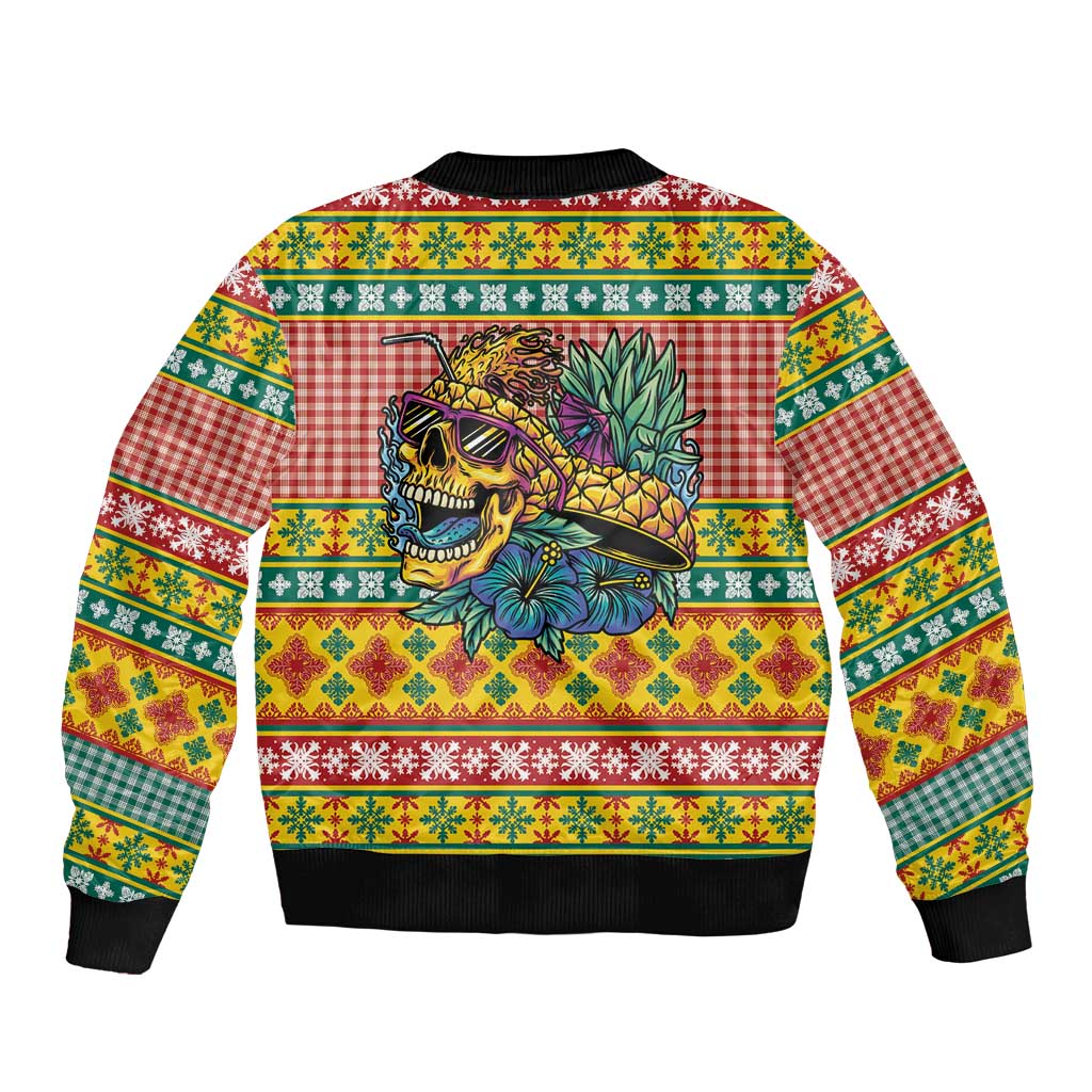 Hawaiian Pineapples Skull Sleeve Zip Bomber Jacket Mele Kalikimaka Palaka Quilt Pattern - Polynesian Pride