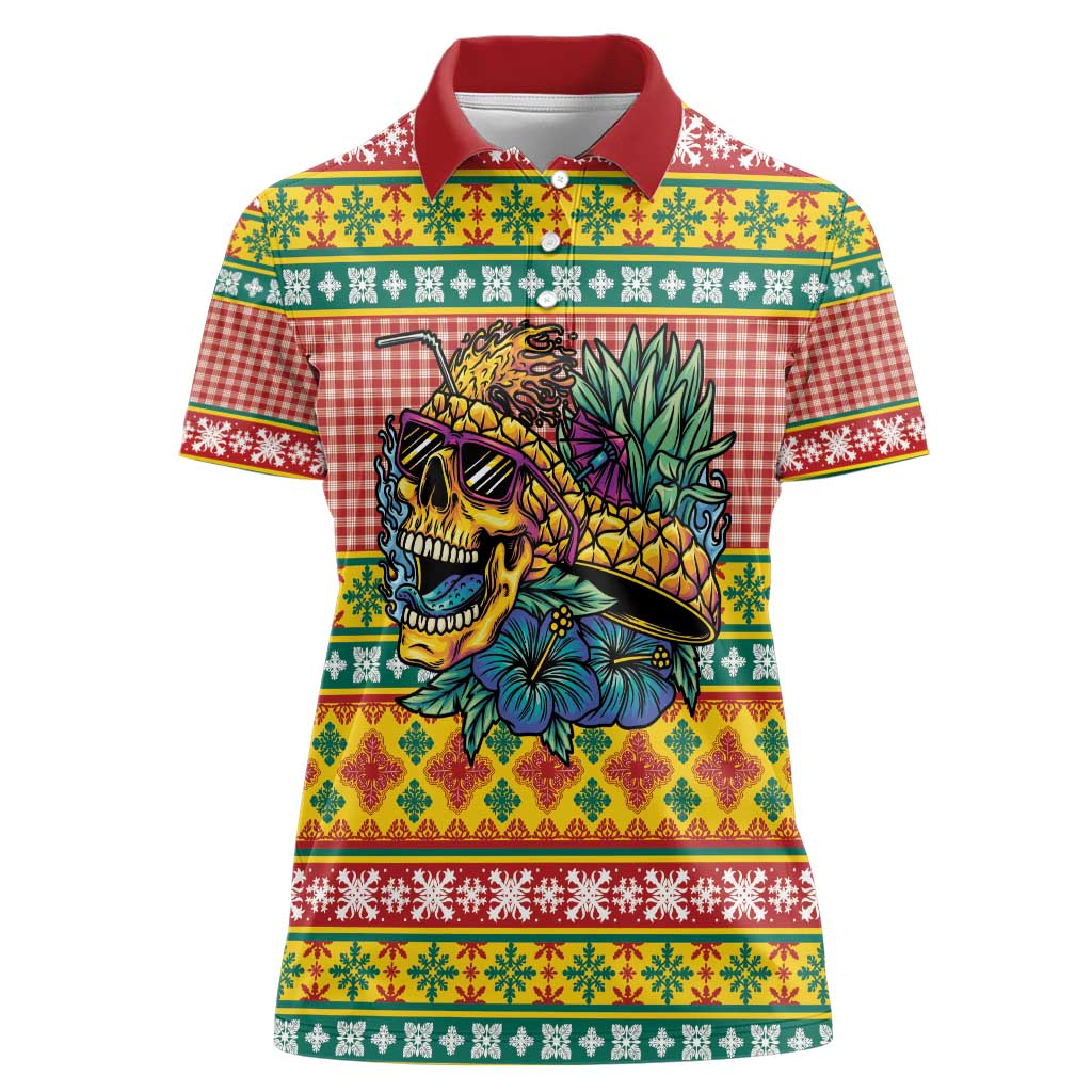 Hawaiian Pineapples Skull Women Polo Shirt Mele Kalikimaka Palaka Quilt Pattern - Polynesian Pride
