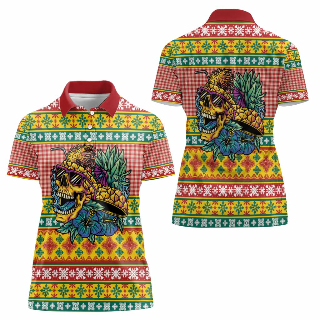 Hawaiian Pineapples Skull Women Polo Shirt Mele Kalikimaka Palaka Quilt Pattern - Polynesian Pride