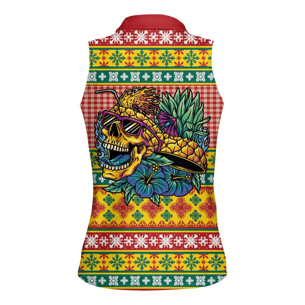 Hawaiian Pineapples Skull Women Sleeveless Polo Shirt Mele Kalikimaka Palaka Quilt Pattern - Polynesian Pride