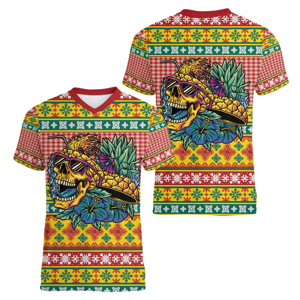 Hawaiian Pineapples Skull Women V-Neck T-Shirt Mele Kalikimaka Palaka Quilt Pattern - Polynesian Pride