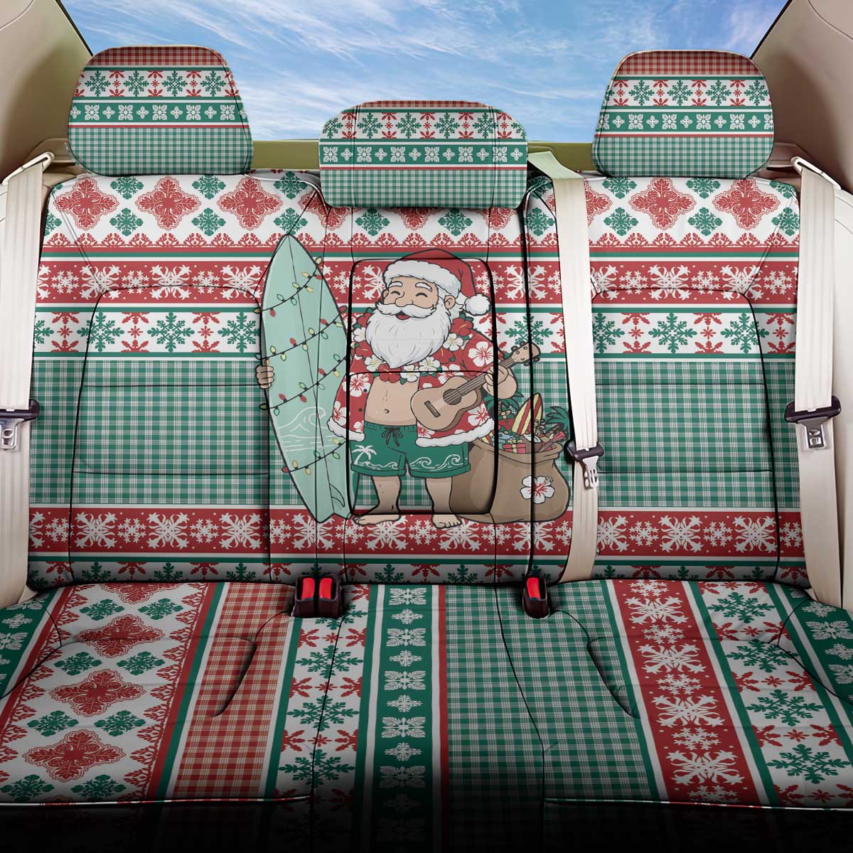 Hawaiian Funny Santa Surf Back Car Seat Cover Mele Kalikimaka Palaka Quilt Pattern - Polynesian Pride