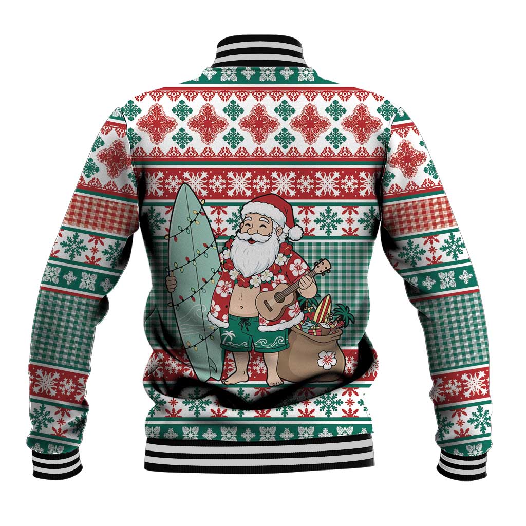 Hawaiian Funny Santa Surf Baseball Jacket Mele Kalikimaka Palaka Quilt Pattern - Polynesian Pride