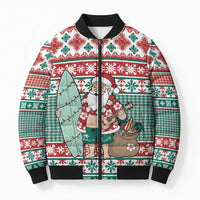 Hawaiian Funny Santa Surf Bomber Puffer Jacket Mele Kalikimaka Palaka Quilt Pattern - Polynesian Pride