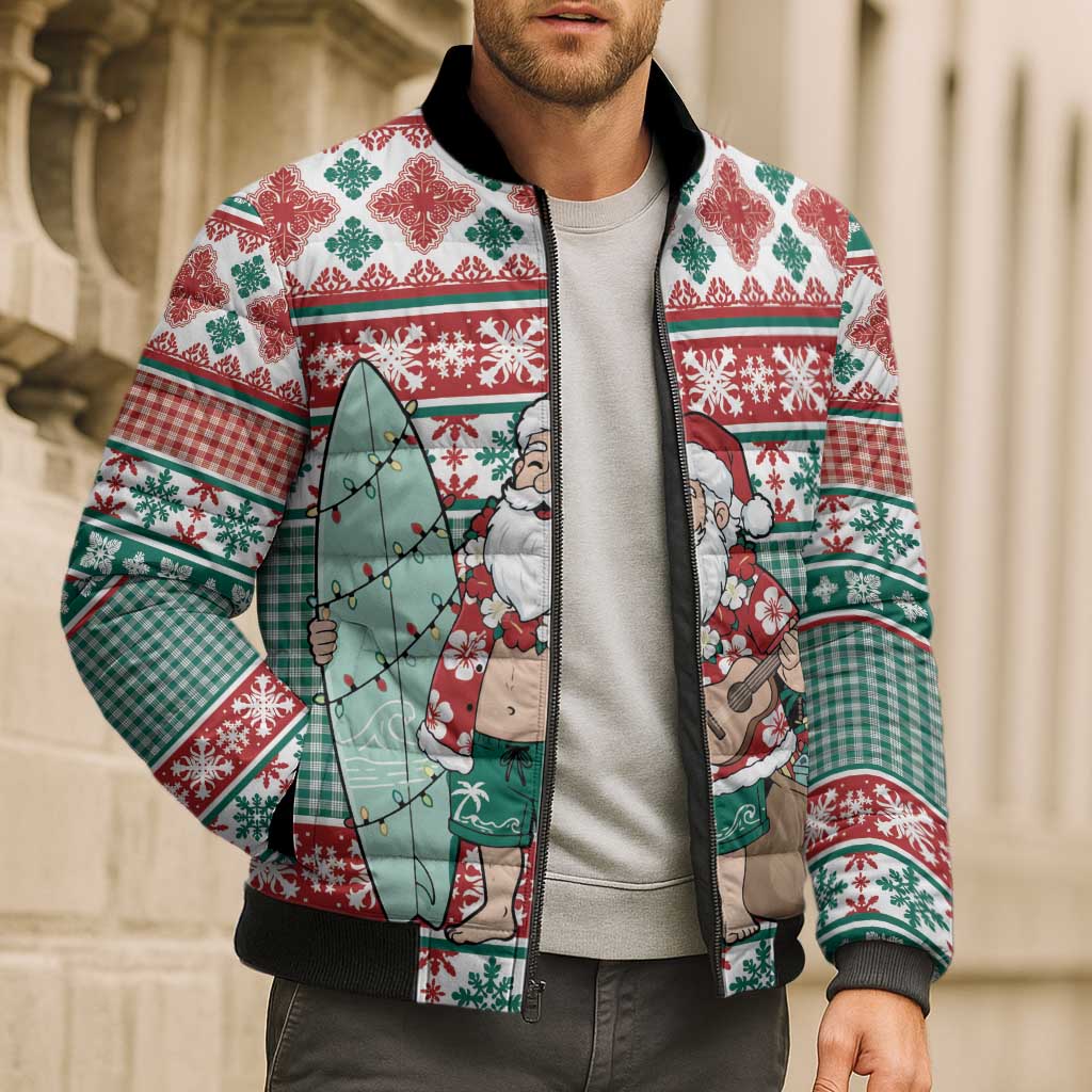 Hawaiian Funny Santa Surf Bomber Puffer Jacket Mele Kalikimaka Palaka Quilt Pattern - Polynesian Pride