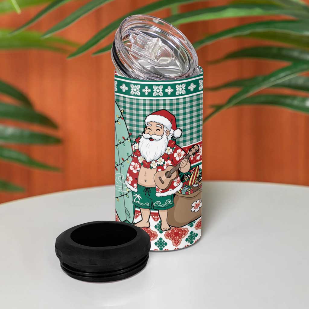 Hawaiian Funny Santa Surf 4 in 1 Can Cooler Tumbler Mele Kalikimaka Palaka Quilt Pattern - Polynesian Pride