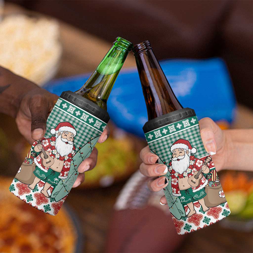 Hawaiian Funny Santa Surf 4 in 1 Can Cooler Tumbler Mele Kalikimaka Palaka Quilt Pattern - Polynesian Pride
