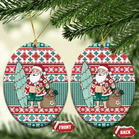 Hawaiian Funny Santa Surf Ceramic Ornament Mele Kalikimaka Palaka Quilt Pattern - Polynesian Pride