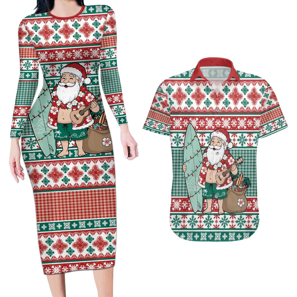 Hawaiian Funny Santa Surf Couples Matching Long Sleeve Bodycon Dress and Hawaiian Shirt Mele Kalikimaka Palaka Quilt Pattern - Polynesian Pride
