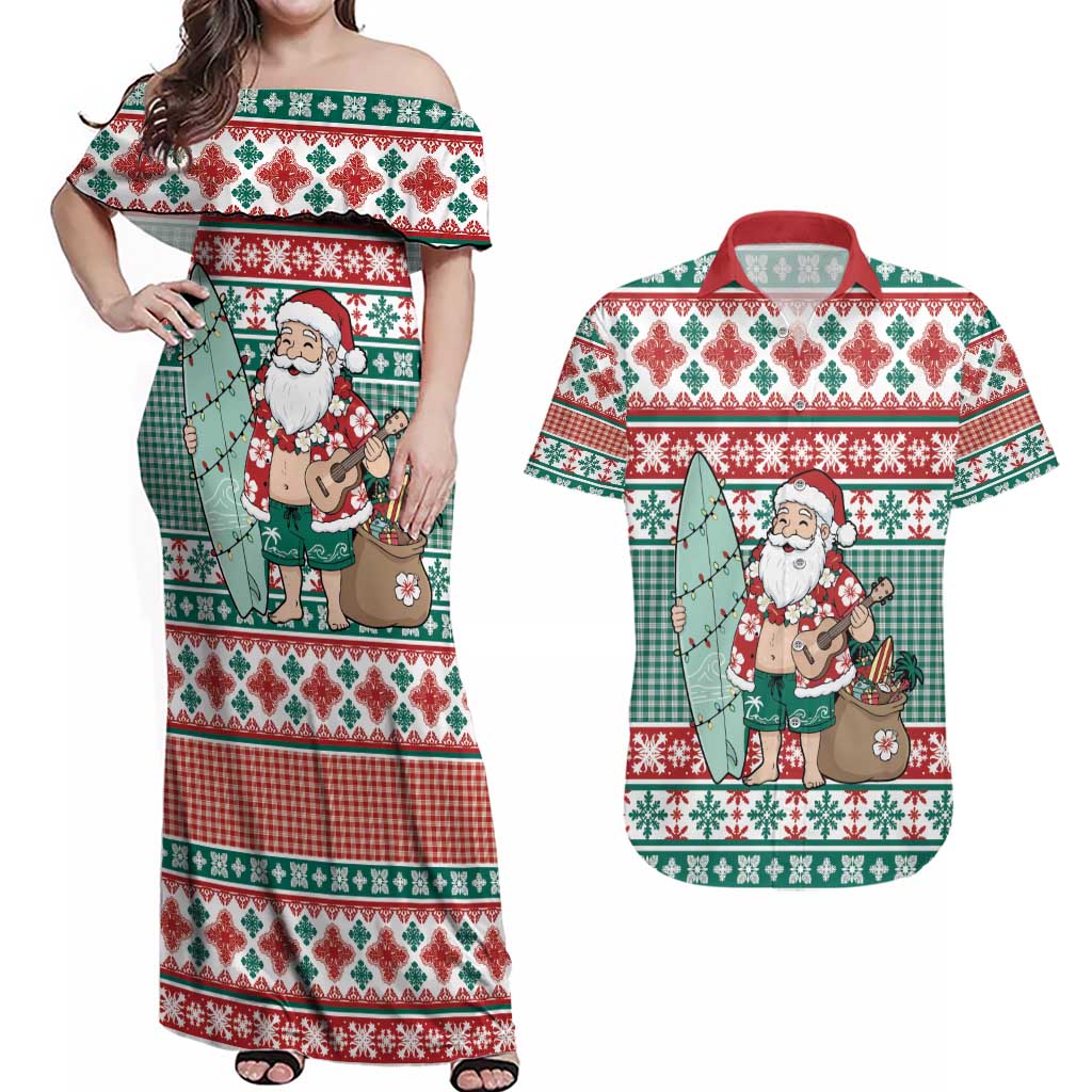 Hawaiian Funny Santa Surf Couples Matching Off Shoulder Maxi Dress and Hawaiian Shirt Mele Kalikimaka Palaka Quilt Pattern - Polynesian Pride