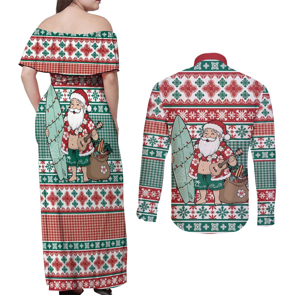 Hawaiian Funny Santa Surf Couples Matching Off Shoulder Maxi Dress and Long Sleeve Button Shirt Mele Kalikimaka Palaka Quilt Pattern - Polynesian Pride