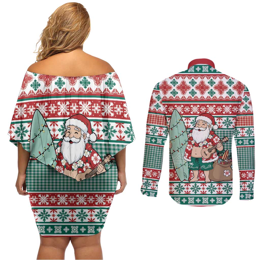 Hawaiian Funny Santa Surf Couples Matching Off Shoulder Short Dress and Long Sleeve Button Shirt Mele Kalikimaka Palaka Quilt Pattern - Polynesian Pride