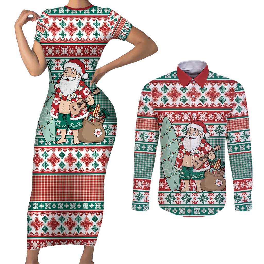 Hawaiian Funny Santa Surf Couples Matching Short Sleeve Bodycon Dress and Long Sleeve Button Shirt Mele Kalikimaka Palaka Quilt Pattern - Polynesian Pride