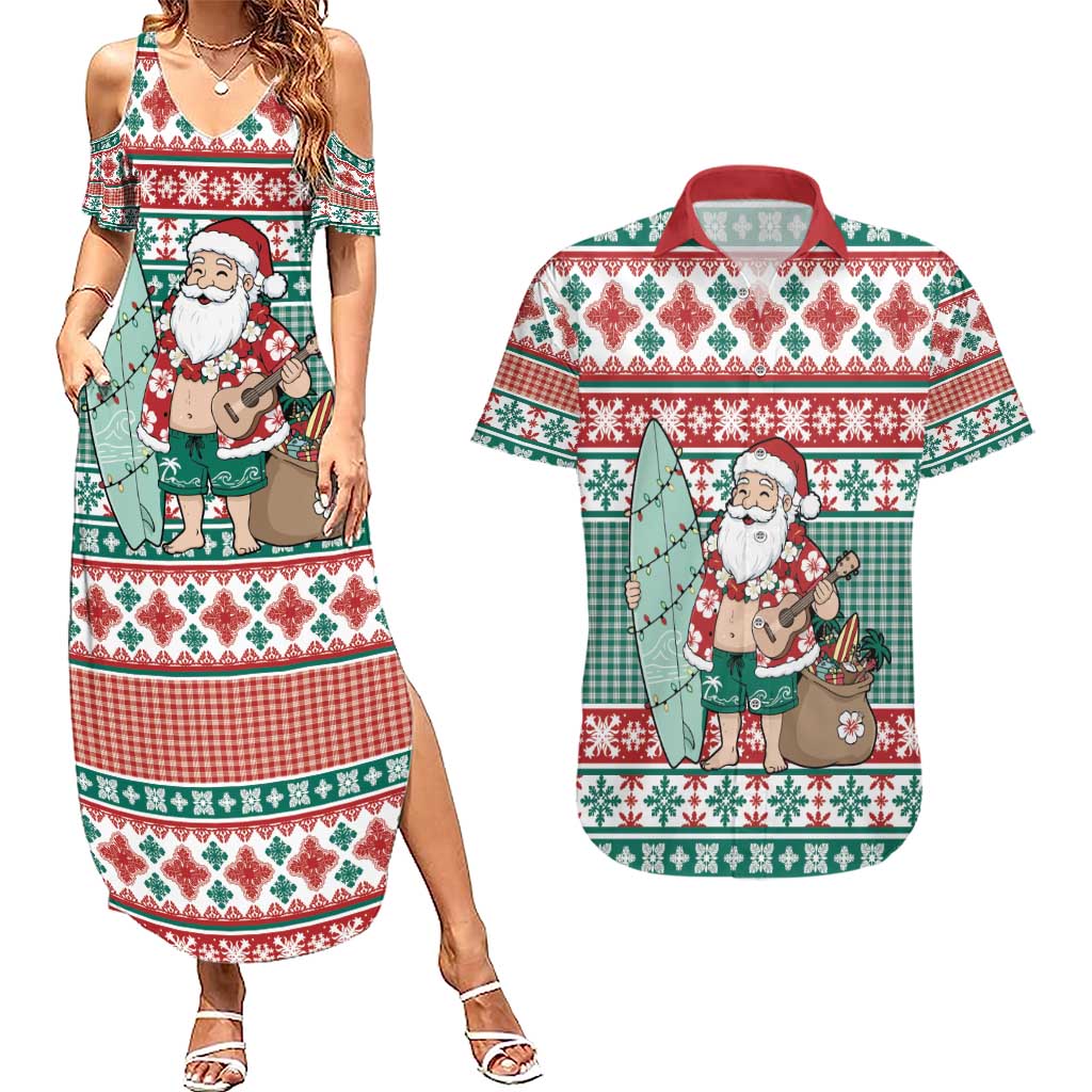 Hawaiian Funny Santa Surf Couples Matching Summer Maxi Dress and Hawaiian Shirt Mele Kalikimaka Palaka Quilt Pattern - Polynesian Pride